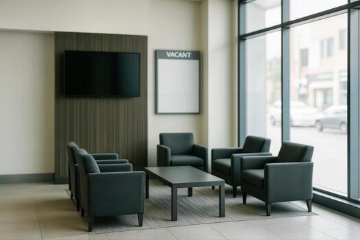 Modern Office Lobby Lounge With Empty Seating Area Featuring Black Armchairs and Coffee Table Near Large Windows Creating a Bright, Inviting Atmosphere photo