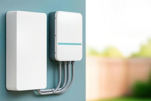 Home Energy Setup Installed on an Indoor Wall Features Two Modern Control Units with Connected Cables in a Brightly Lit Space with Minimalist Design photo