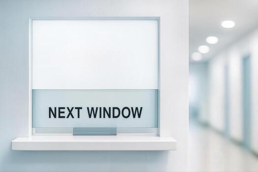 Closed Counter Window With Next Window Sign Inside A Minimalist Office Hallway With Bright Lighting And Modern Decor Creating A Simple Atmosphere photo
