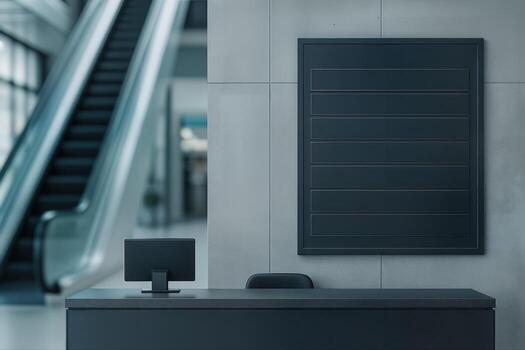 Empty Lobby in a Modern Building Featuring a Sleek Reception Desk and Escalator With Minimalist Design Elements and Natural Lighting photo