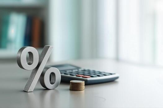 Percent Symbol Sculpture Accompanied By A Stack Of Coins And A Calculator On A Desk In An Office Setting With Natural Light photo