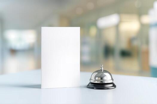 Hotel reception desk with a blank menu card and a silver bell placed on a white table, set against a softly blurred background, ideal for promotional designs photo