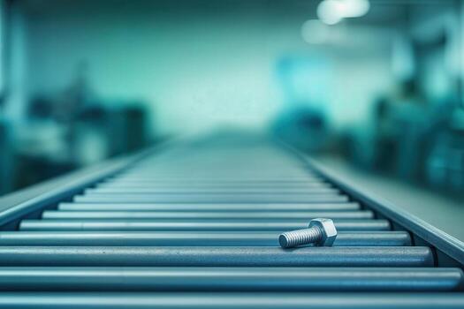 Conveyor Belt With Bolt In Industrial Setting With Shallow Depth Of Field Creating A Focus On The Central Bolt While The Factory Background Remains Blurred photo