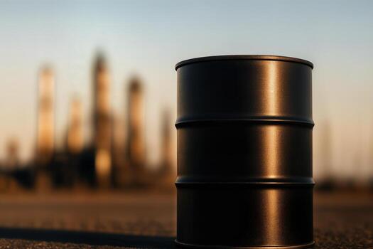 petróleo barril al aire libre con industrial antecedentes durante dorado hora con superficial profundidad de campo creando un dramático Encendiendo efecto foto