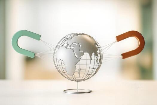 Global Trade Concept with Two Magnets Attracting a Metallic Globe on a Stand in a Minimalist Indoor Setting with Shallow Depth of Field photo