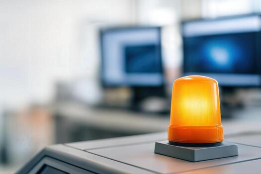 Space Weather Alert in a Control Room with an Amber Warning Light on a Desk and Monitors in the Background, With Shallow Depth Of Field photo