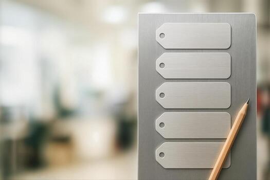Metal Clipboard with Blank Labels and Pencil in an Office Setting with Blurry Background Offering Copy Space for Text or Design photo