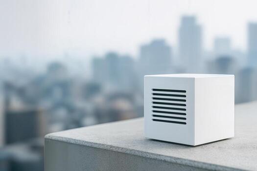 Urban Heat Sensor Placed on Rooftop Overlooking City Skyline With Shallow Depth of Field on a Foggy Day Capturing Atmospheric Data photo