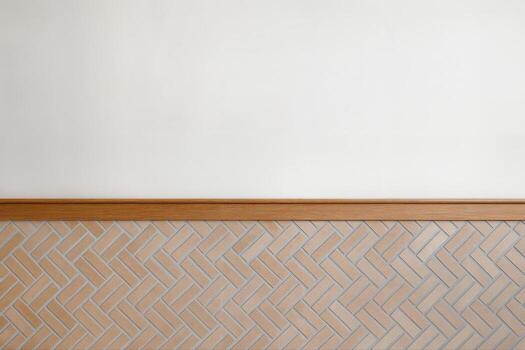 Brick Wall Pattern in a Minimalist Indoor Lobby with Wooden Trim and Lime Plaster Finish in Natural Light and Clean Composition photo
