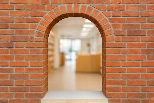 Brick Archway Entrance Framing A Modern Indoor Space With Shallow Depth Of Field And Minimalist Design Elements In Soft Focus photo