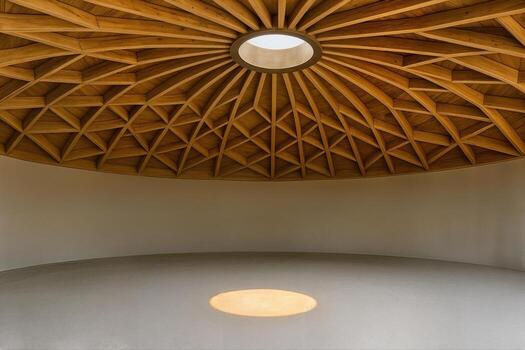 Sunlit Bronze Dome Interior With Wooden Framework And A Circular Skylight Creating A Warm Glow, Captured In A Minimalist Architectural Setting photo