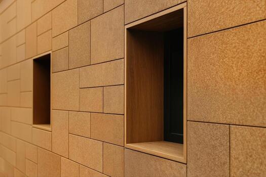 Modern Cork Clad Facade With Geometric Patterns Featuring Recessed Rectangular Niches Highlighting Contemporary Architectural Design photo