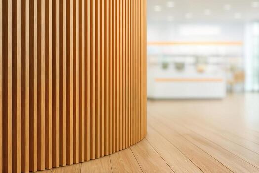 Curved Timber Screen in a Modern Indoor Space with Soft Natural Light Highlighting the Wooden Texture and Clean Lines With Shallow Depth of Field photo