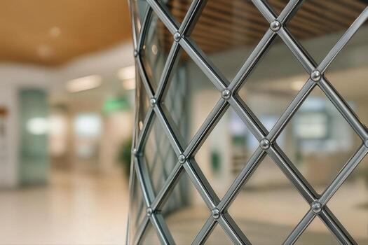 Diagrid Glass Architecture With Shallow Depth Of Field Captures a Closeup of Intricate Patterns and Textures in an Indoor Setting Featuring Modern Design Elements photo