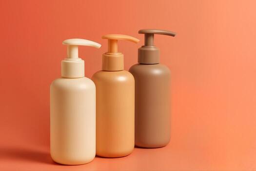 Elegant Pump Bottles Arranged in a Row on a Warm Orange Background Displaying Different Shades and Sizes in a Studio Setting with Soft Lighting photo