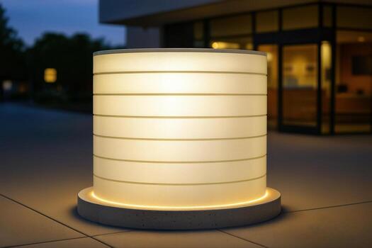 moderno cilíndrico estructura brillante a oscuridad al aire libre con calentar ligero en frente de un contemporáneo edificio, capturado en atención con noche cielo y oscuridad foto