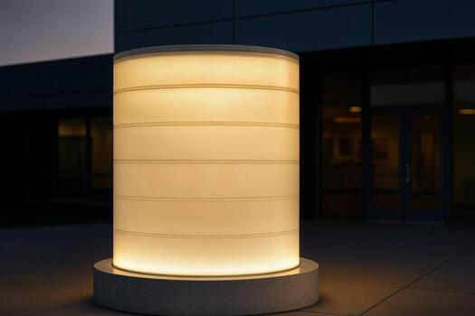 A Glowing Translucent Drum Illuminates the Outdoor Space of a Modern Building at Dusk With Soft Warm Light Creating a Calm and Inviting Atmosphere photo