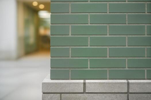 Green Brick Facade of a Modern Building Captured in Closeup with a Softly Blurred Background in an Urban Setting with Natural Light photo