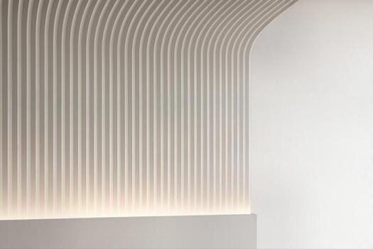Modern Architectural Interior Features Curved Fluted Wall With Soft Illumination Creating a Minimalist and Elegant Design Aesthetic photo