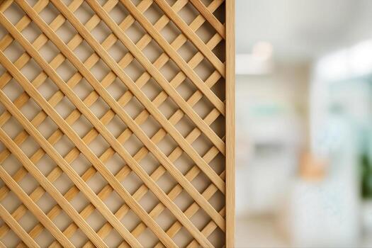 Interwoven Timber Facade Closeup Featuring Diagonal Wooden Lattice Design in an Indoor Setting Against a Blurred Background With Shallow Depth Of Field photo