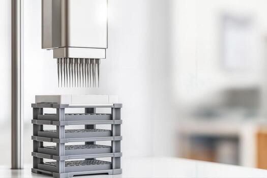 Lab Automation Arm Operating in a Laboratory Setting with a Closeup View Showcasing Fluorescent Light and Modern Equipment in Focus photo