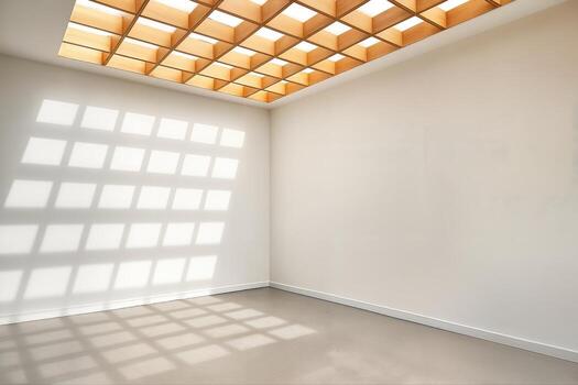 Lattice Skylight in a Minimalist Room Casting Geometric Shadows on the Floor and Walls Creating a Dynamic Pattern in Natural Light photo