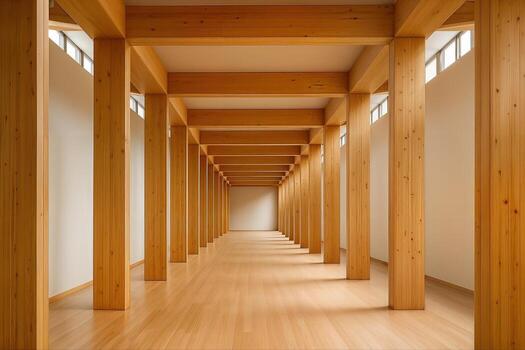 Mass Timber Structure Featuring Rows Of Wooden Beams In A Symmetrical Indoor Space With Natural Light And Modern Architectural Design photo