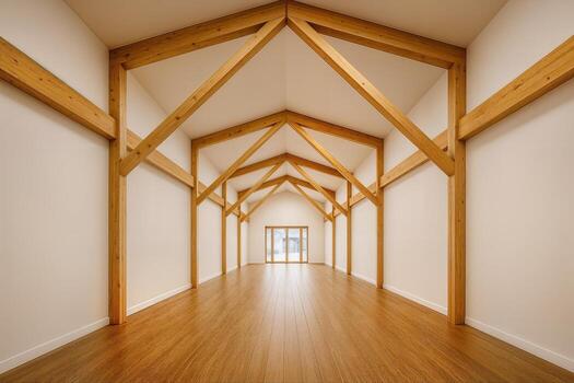 moderno glulam braguero estructura en un abierto interior espacio presentando expuesto de madera vigas y un simétrico diseño con brillante natural Encendiendo foto