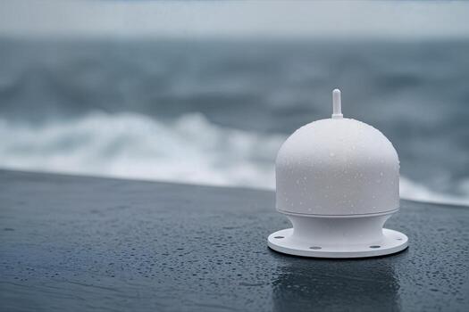Ocean Sensor Positioned on a Ship Deck Overlooking the Ocean with Waves in the Background on a Cloudy Day with Shallow Depth of Field photo