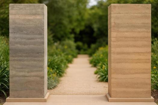 Rammed Earth Garden Frame in an Outdoor Setting Featuring Two Large Earth Columns on Either Side of a Stone Path Surrounded by Lush Greenery photo