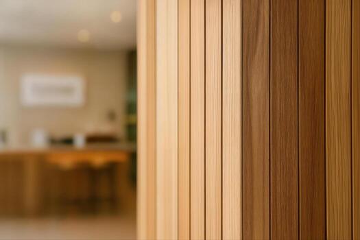 Timber Cladding in a Contemporary Interior Setting Showing Vertical Wooden Panels with Soft Lighting and Blurred Background photo