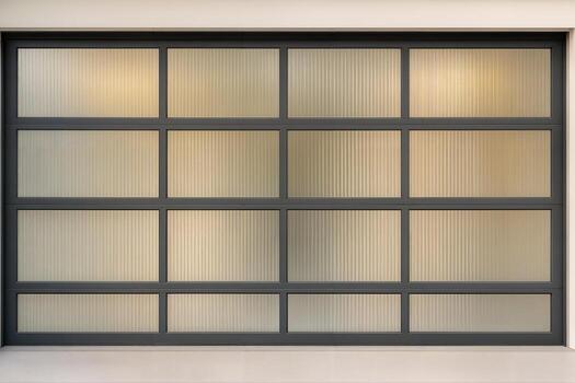 juncoso vaso garaje puerta presentando vertical paneles en un moderno arquitectónico diseño con suave interior Encendiendo creando un calentar ambiente foto