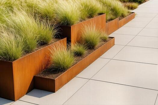 Rustic Terrace Design Featuring Metal Planters With Lush Greenery In A Modern Outdoor Setting, Captured In Natural Light With A Minimalist Composition photo