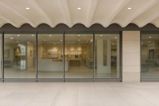 Scalloped Storefront Canopy with Large Glass Windows in an Urban Setting Under Cloudy Light Conditions with Shallow Depth of Field photo