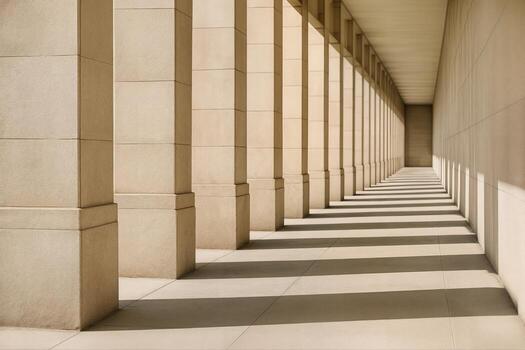 Colonnade With Long Shadows In An Architectural Setting Under Natural Light, Featuring Repeated Patterns And Symmetry In An Open Hallway photo