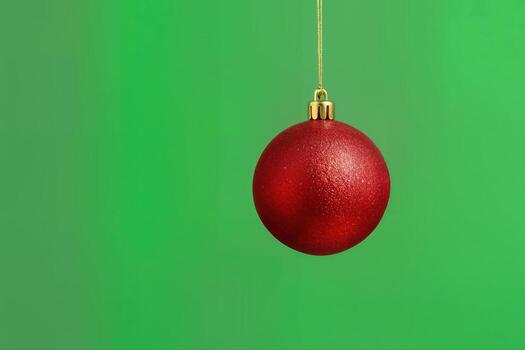 Christmas Ornament Hanging Against a Green Background Emphasizing Its Shiny Red Surface and Simple Elegant Design with a Closer Perspective photo