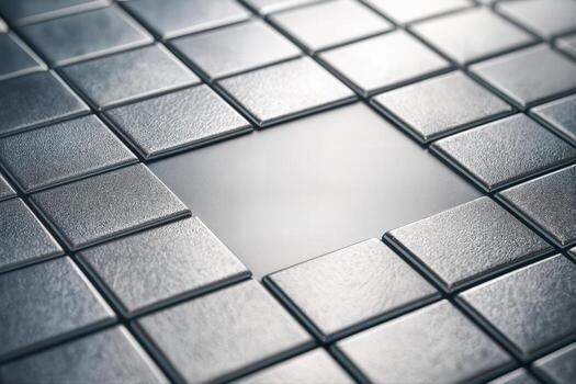 Silver Geometric Pattern Featuring Metallic Tiles Arranged In A Square Formation With A Central Opening, Captured In A Soft Light Perspective photo