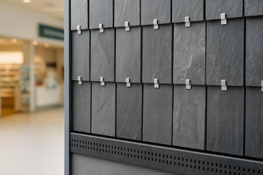 pizarra herpes desplegado en un edificio fachada en un moderno exposición salón con borroso antecedentes creando un contraste Entre texturizado y suave superficies foto