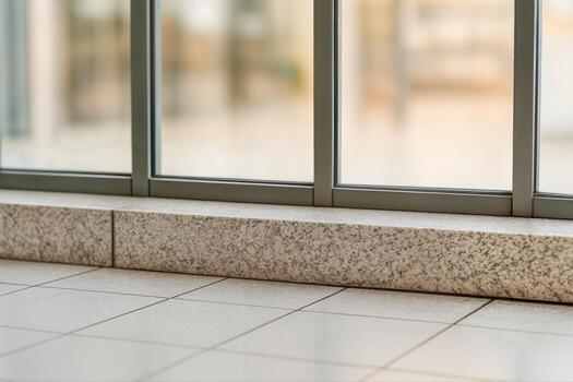 Modern Architectural Detail Featuring Stone Tiled Floor And Large Windows In A Bright Indoor Space With Shallow Depth Of Field photo