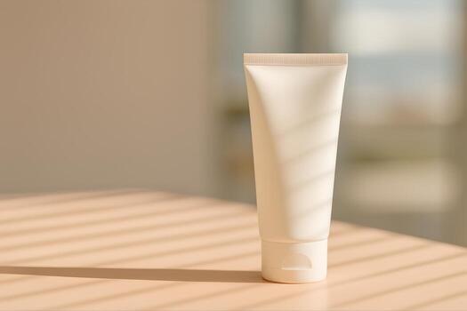 Sunscreen Tube on a Sunlit Surface Indoors with Shadows Creating an Aesthetic Pattern in a Minimalist Composition with Shallow Depth of Field photo
