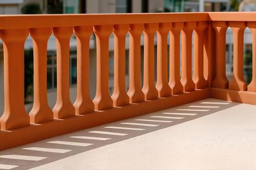 Terracotta Balustrade on a Sunlit Balcony Casting Shadow Patterns on a Stone Floor on a Clear Day Outdoors in a Detailed Architectural Photograph photo