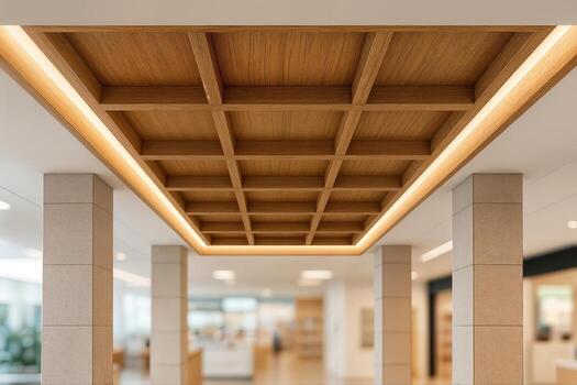 Timber Coffered Ceiling in a Modern Interior Space with Columns and Soft Ambient Lighting Featuring Symmetrical Lines and Warm Tones photo