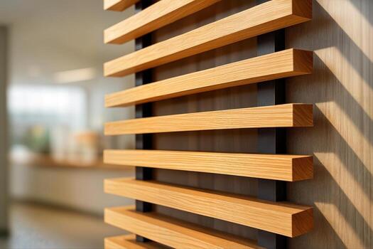 Timber Shade Structure in Modern Indoor Setting Featuring Neatly Aligned Wooden Slats with Natural Light Creating Shadows and a Contemporary Aesthetic photo