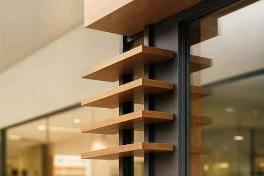 Timber Sun Breaker Design Featured On A Modern Building With Clean Lines And A Minimalist Style In A Softly Lit Environment photo