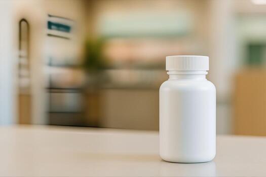 Plastic Pill Bottle on a Clean White Surface in a Modern Indoor Setting With Shallow Depth of Field Creating a Soft Blurred Background photo
