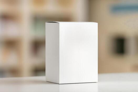 Plain White Box on a Counter in a Bright Indoor Setting With Blurred Background for Product Placement and Advertising Concepts photo