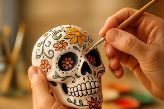 An Artistic Sugar Skull Being Painted Indoors With Intricate Colorful Patterns By A Person Holding It Carefully Under Warm Light photo
