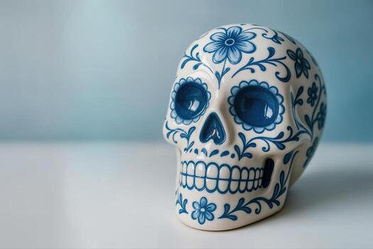 Sugar Skull With Blue Floral Patterns On A White Ceramic Surface In A Studio Setting With A Minimalist Light Blue Background photo