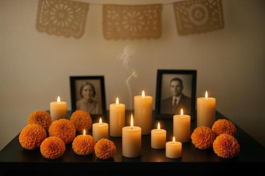 día de el muerto ofrenda conjunto adentro con iluminado velas y maravilla flores creando un calentar resplandor en frente de enmarcado fotografias y papel picado decoraciones foto