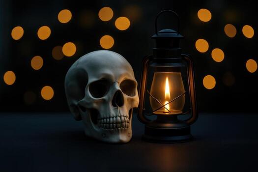 Vigil With Candle Lantern And Skull In Dim Light Featuring Prominent Bokeh Effect Creating An Eerie Atmosphere And A Focus On Warm Candlelight photo